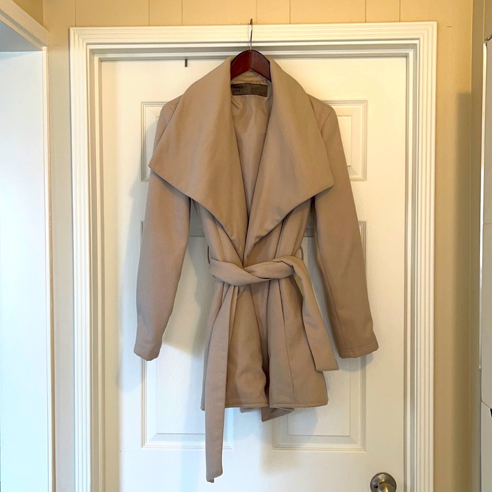 Zara Beige Shawl Collar Belted Coat